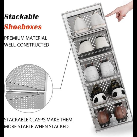 12 Pack Clear Plastic Stackable Shoe Boxes, Drop Front Shoe Organizer for Closet - Picture 2 of 6